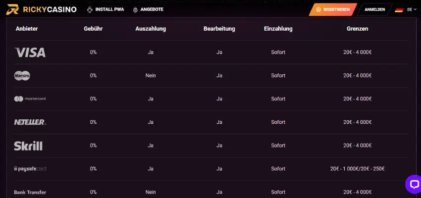 Zahlungsmethoden bei Ricky Casino